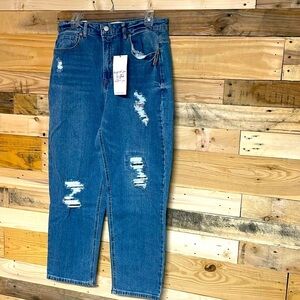 Vanilla Star size 13 (W31) rip and repair mom jeans in medium wash plaid patches